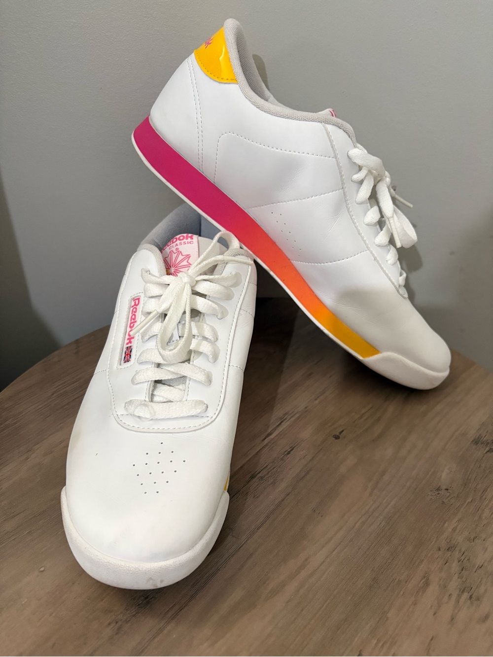 Reebok Women’s White Leather Sneakers with Pink & Yellow Gradient Trim